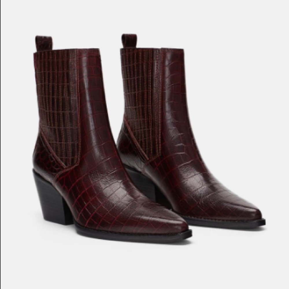 Zara Burgundy Maroon Croc Embossed Leather Boots